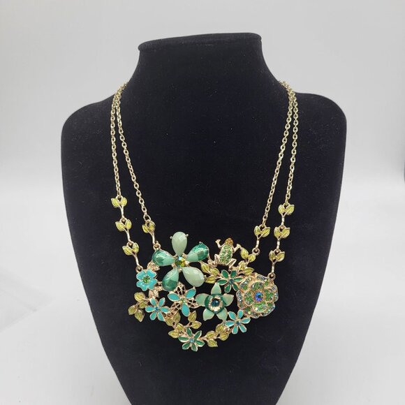 1928 Jewelry - 2028 Womens Statement Necklace (1928 Line) Frog Flowers Rhinestones Blue Green